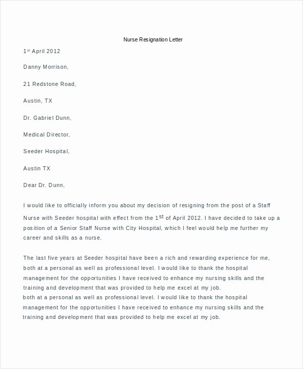 Sample Resignation Letter Nurses Awesome Free 8 Sample Resignation Letter Example
