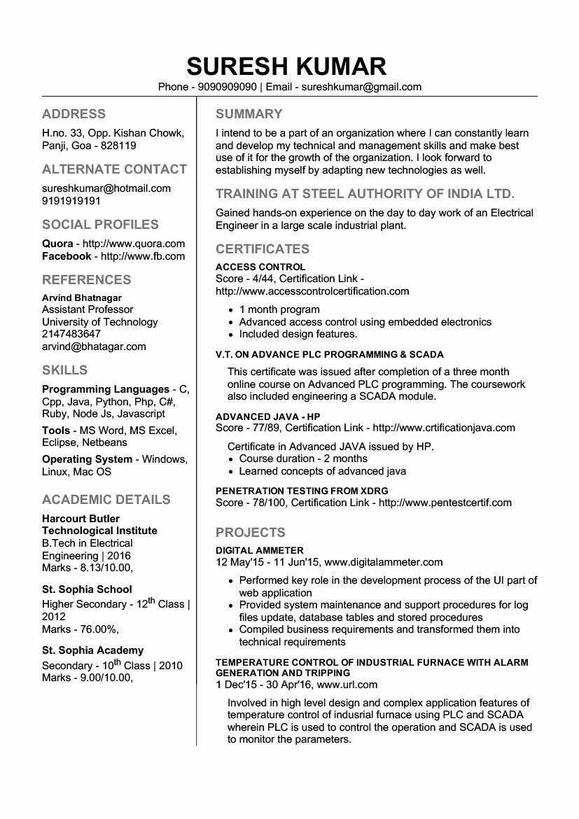 Sample Resume for Freshers Beautiful 32 Resume Templates for Freshers Download Free Word format
