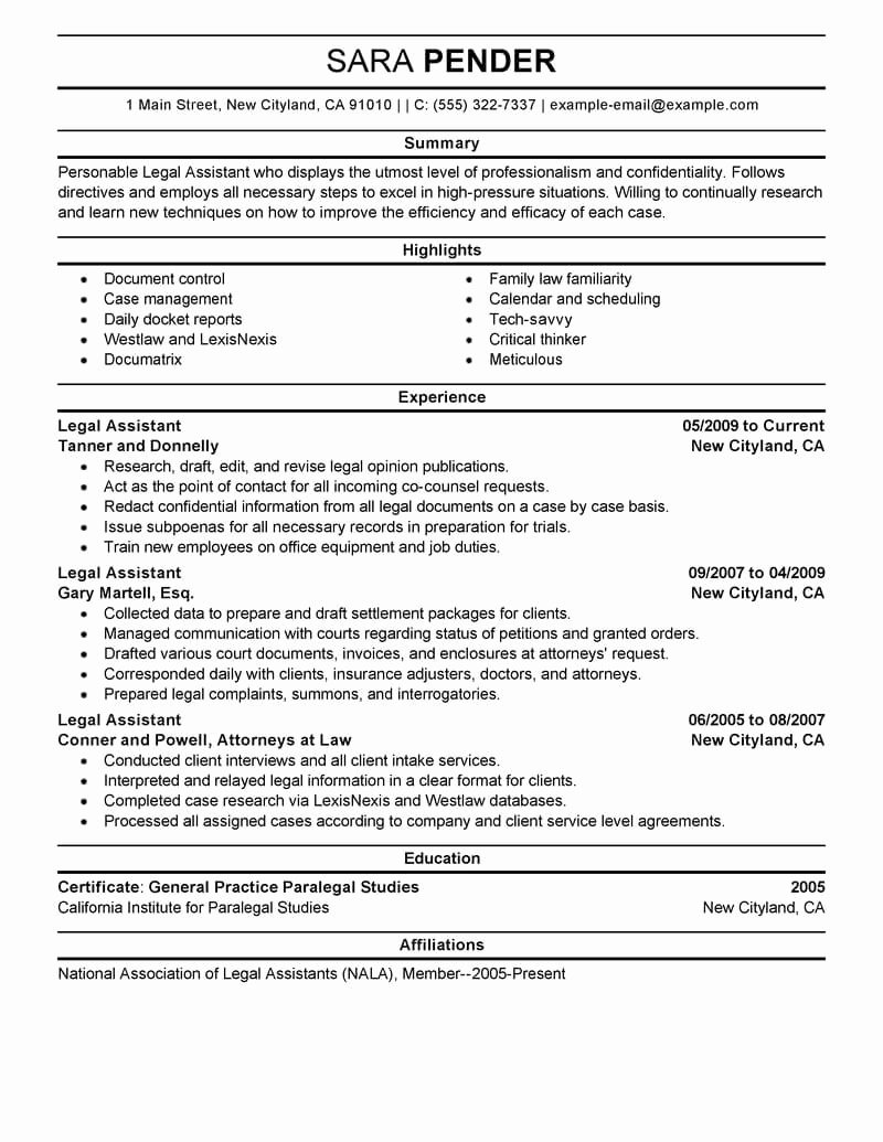 Sample Resume Legal Administrative assistant Unique Best Legal assistant Resume Example