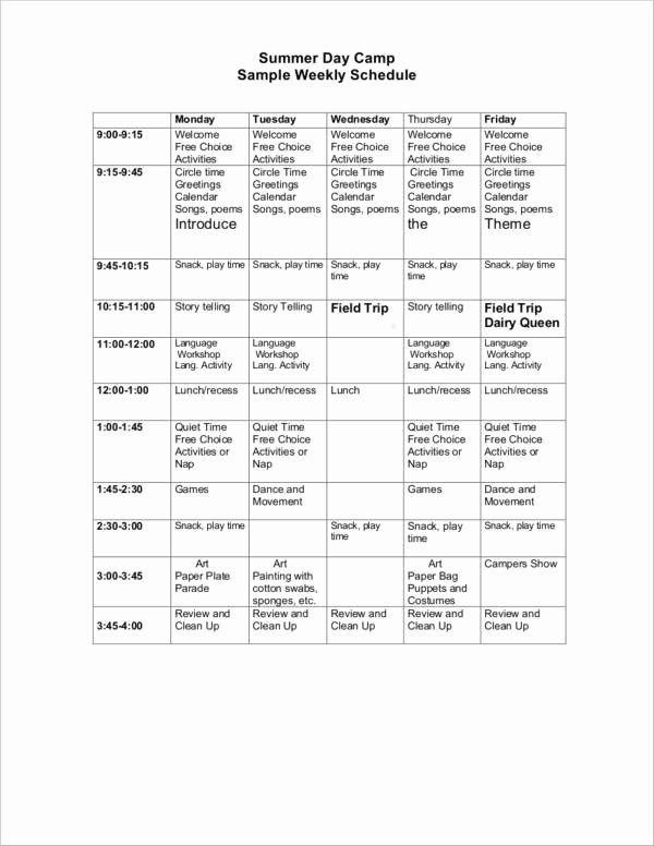 Sample Summer Camp Schedule New Free 50 Printable Schedule Template In Pdf Word