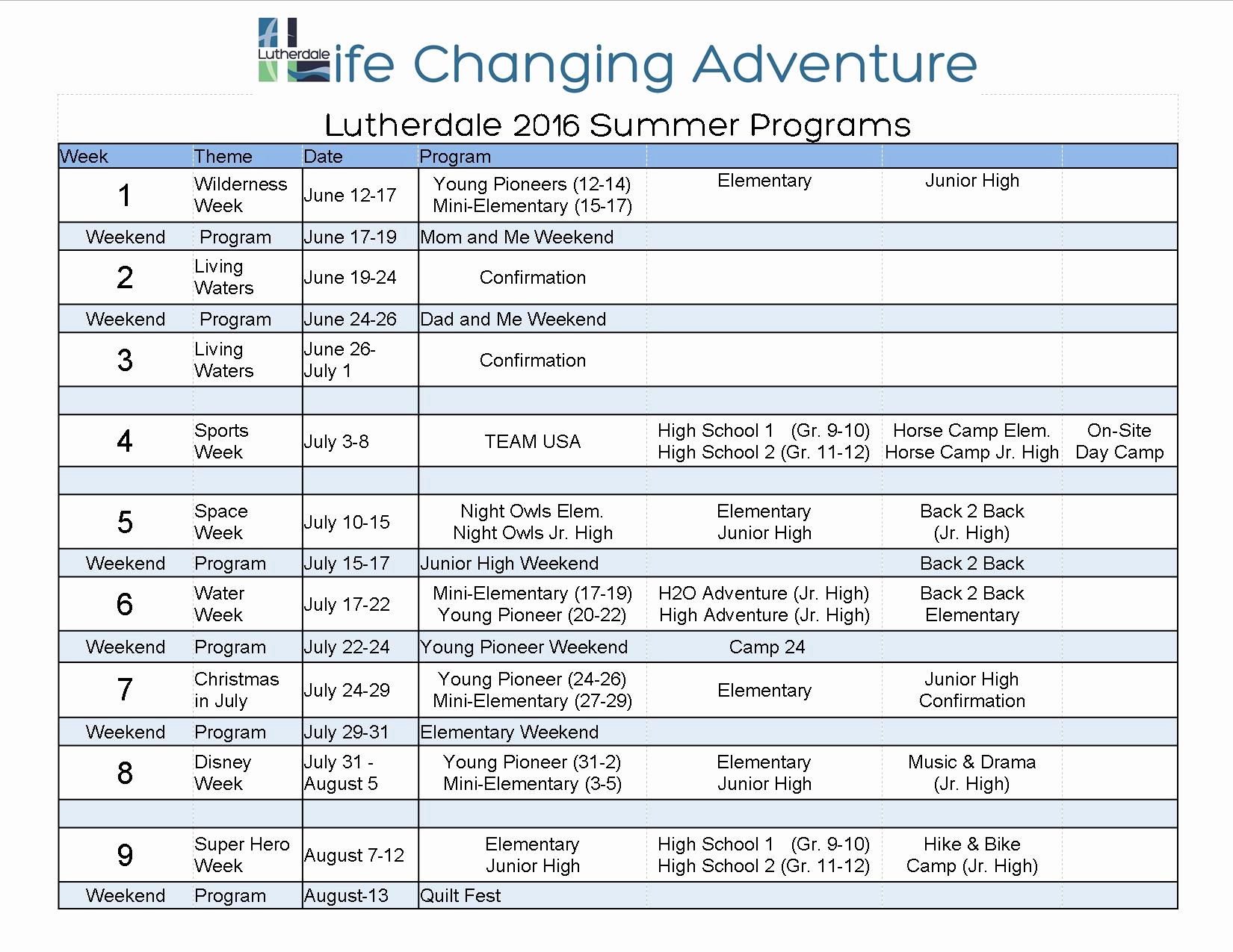Sample Summer Camp Schedule Unique Summer Camps Lutherdale Ministries