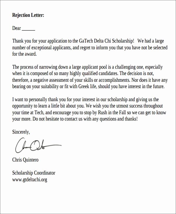 Scholarship Award Letter Templates Unique 8 Scholarship Rejection Letter Free Sample Example format Download