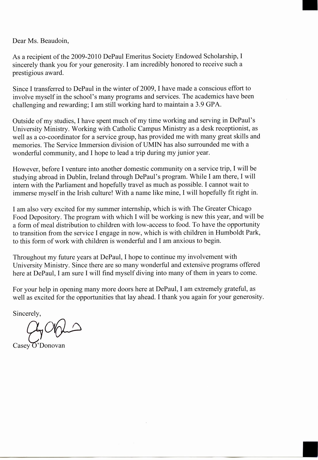 Scholarship Thank You Letter Lovely Des News Updates Depaul Emeritus society Chicago Il 2010 Des Scholarship Recipient