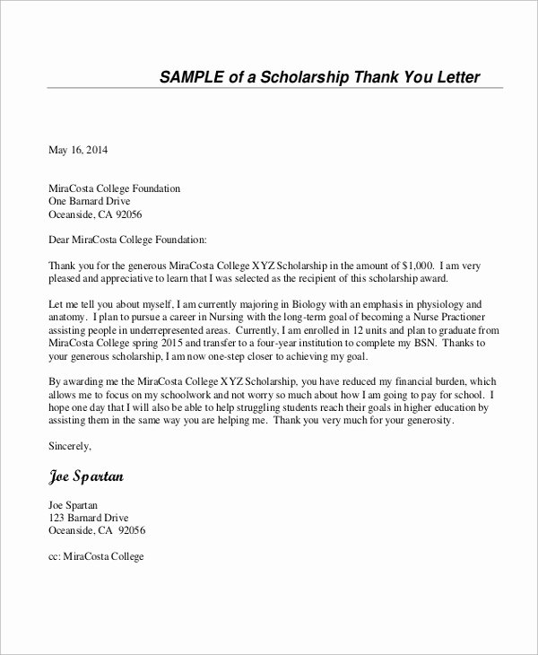 Scholarship Thank You Letter Sample Awesome Sample Thank You Letter for Scholarship 7 Examples In Word Pdf