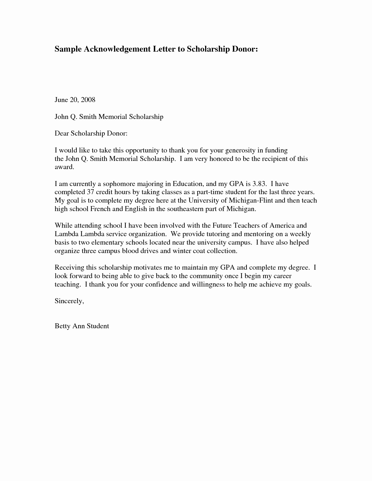 Scholarship Thank You Letter Sample Beautiful Donor Thank You Letter Sample