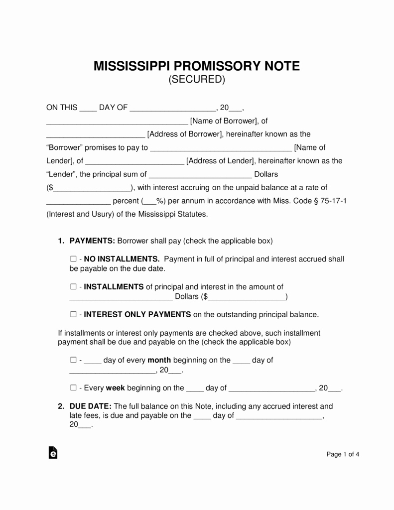 Secured Promissory Note Template New Free Mississippi Secured Promissory Note Template Word Pdf