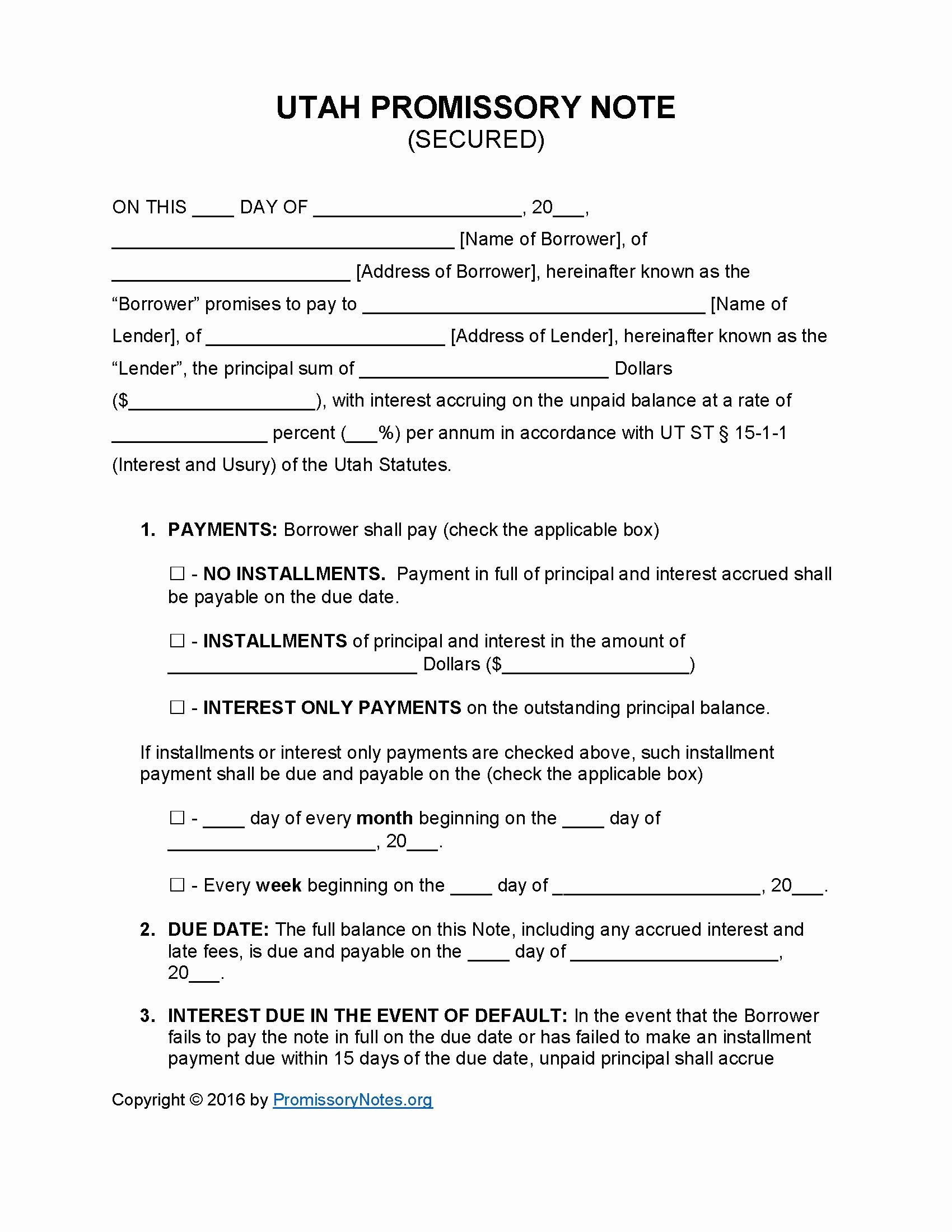 Secured Promissory Note Template Unique Utah Secured Promissory Note Template Promissory Notes Promissory Notes