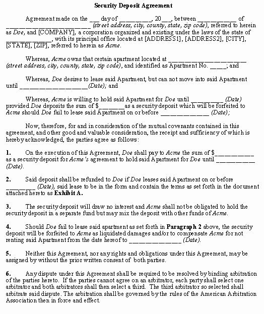 Security Deposit Agreement format Lovely Security Deposit Agreement