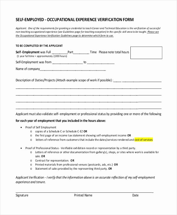 Self Employment Verification form Inspirational Free 10 Sample Proof Of Employment Letter