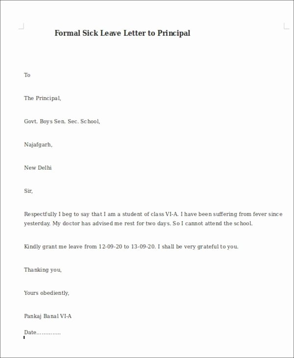 Sick Note for School Example Luxury formal Letter format for School Students for Leave