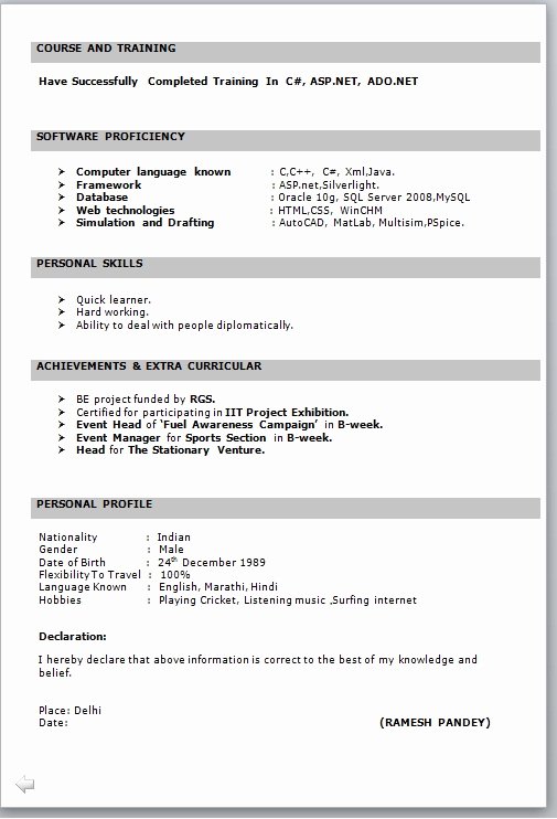 Simple Resume format for Freshers Inspirational Resume format for Freshers