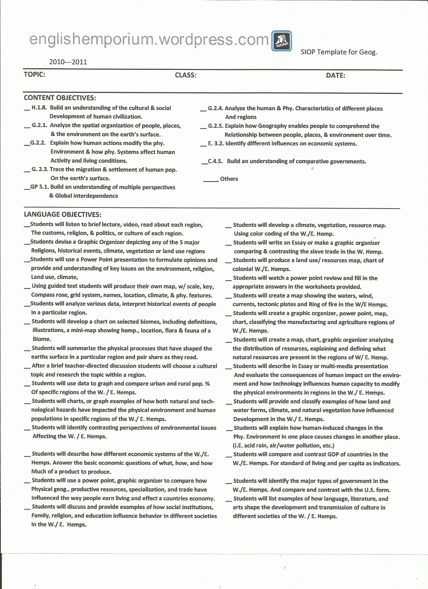Siop Lesson Plan Template 1 Awesome Siop Lesson Plan Checklist for 7th Grade Geography Page1