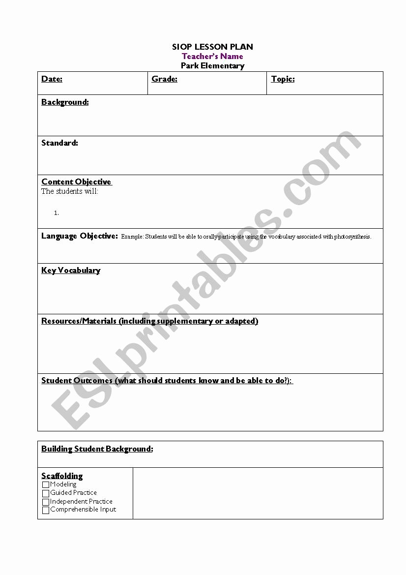 Siop Model Lesson Plan Template Lovely Siop Lesson Template Esl Worksheet by Vhedges