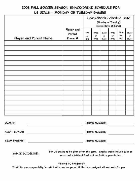 Soccer Snack Schedule Template Unique Snack Schedule Template Fall soccer Season Snack Drink Schedule for Girls Monday