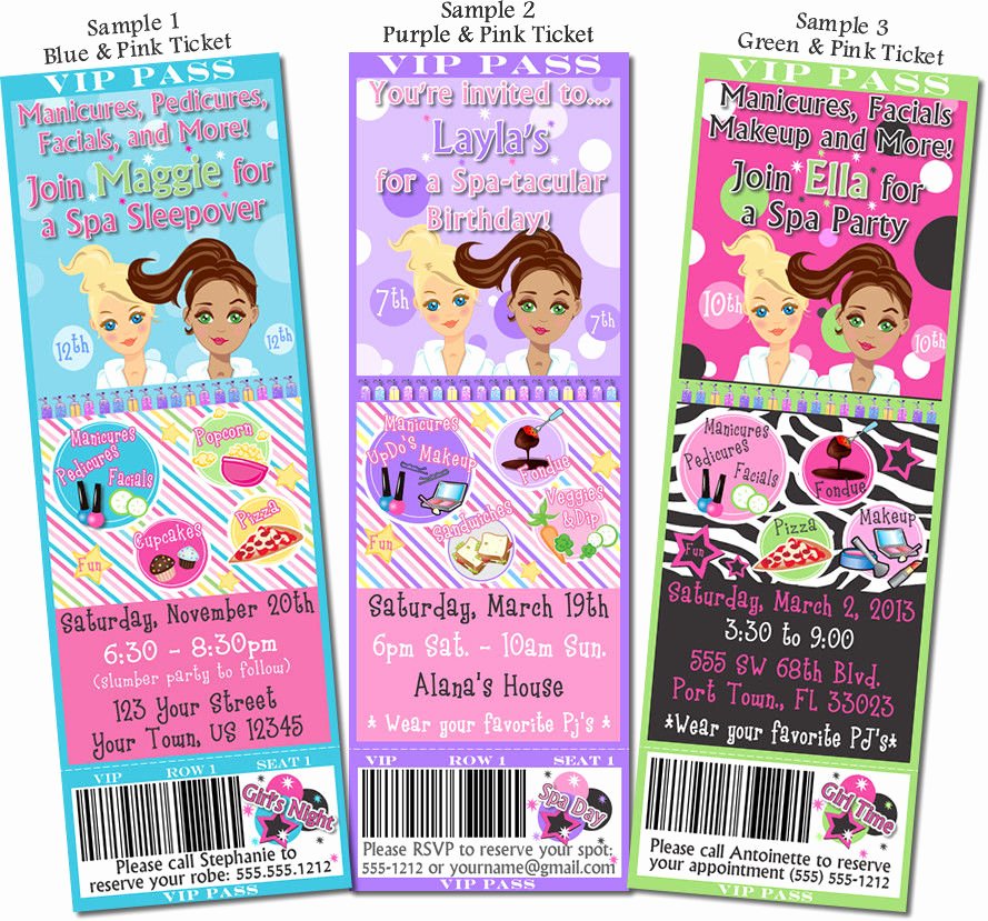 Spa Birthday Party Invitations Beautiful Printed Spa Girls Night In Birthday Party Ticket Invitations Zebra Pink &amp; Green