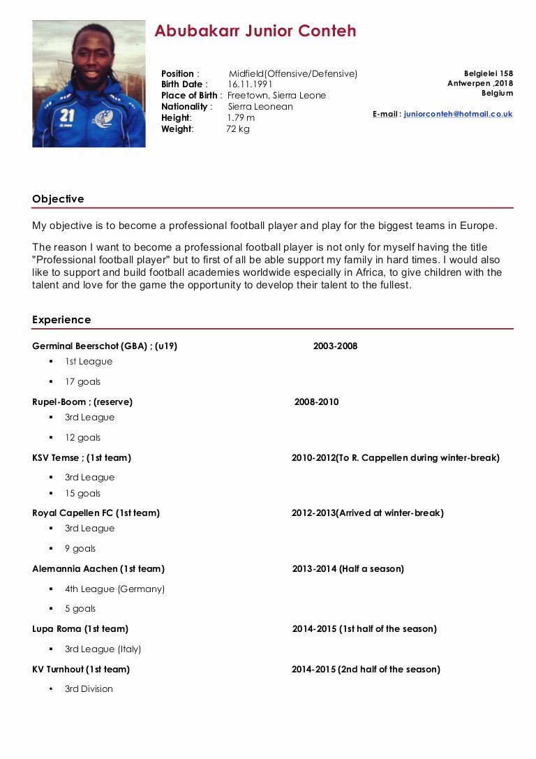 Sports Resume for Coaching Awesome Abubakarr Junior Conteh Football Cv
