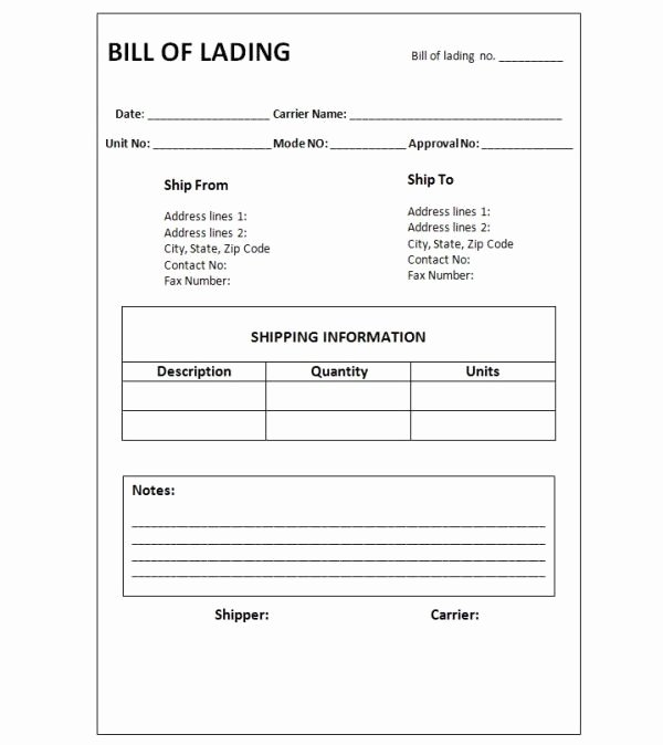 Standard Bill Of Lading Awesome Printable Sample Blank Bill Lading form