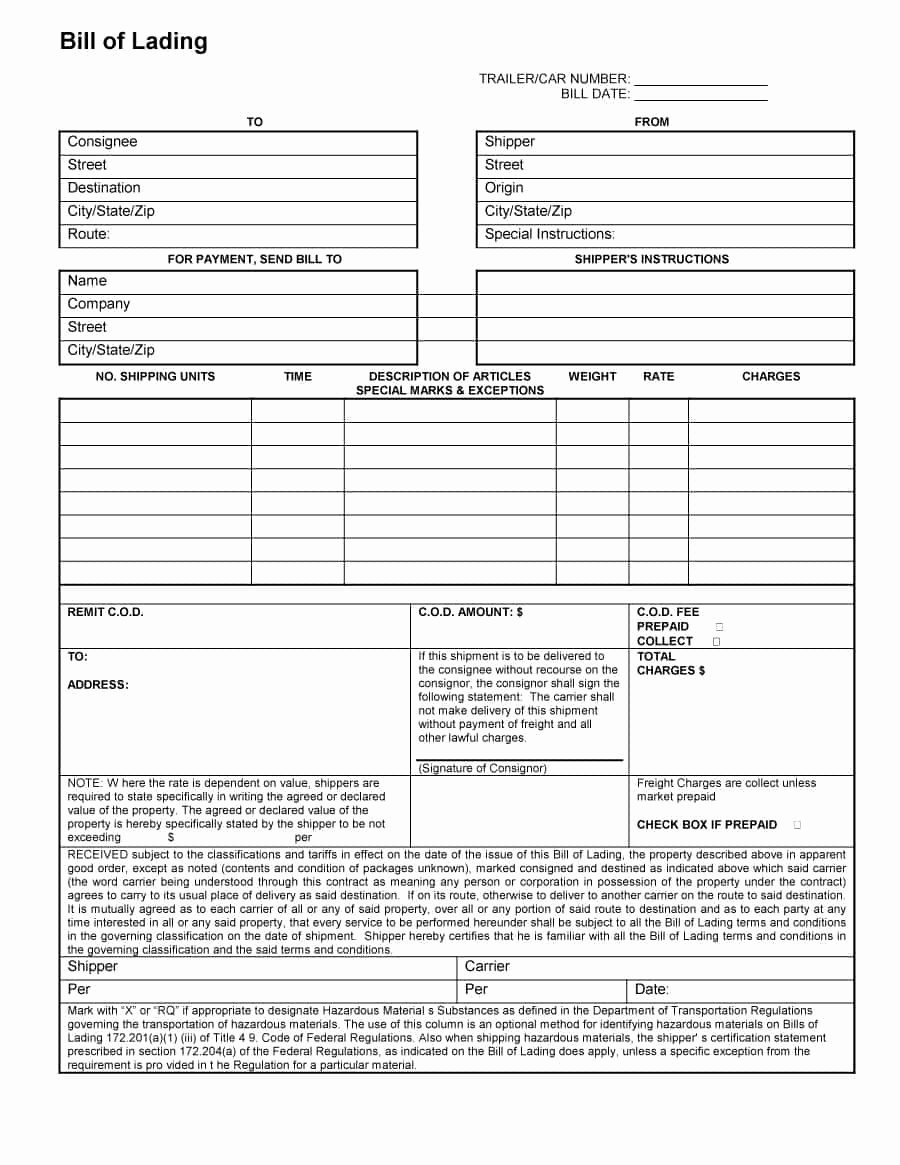 Standard Bill Of Lading Beautiful 40 Free Bill Of Lading forms &amp; Templates Template Lab