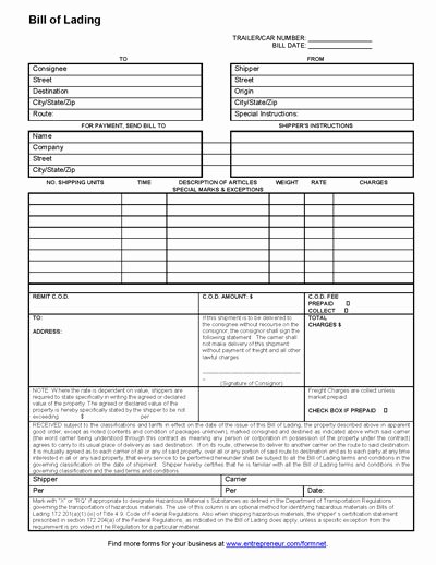 Standard Bill Of Lading Unique Bill Of Lading Template form Pdf Download