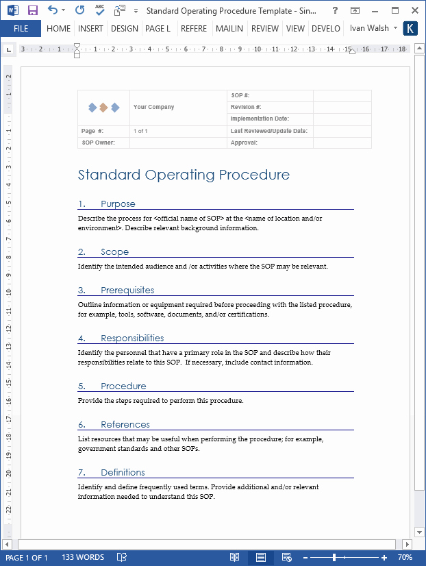 Standard Work Templates Excel Lovely Standard Operating Procedures Templates Ms Word Excel – Standard Operating Procedure Templates