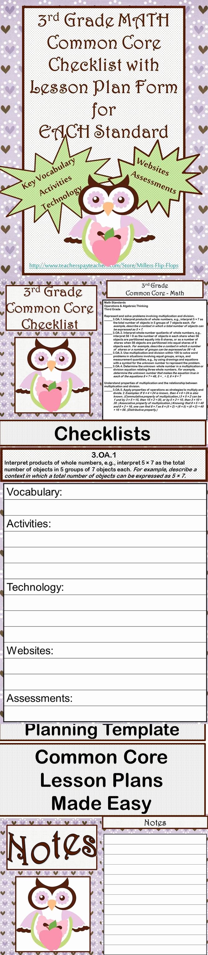Standards Based Lesson Plan Template Unique 3rd Grade Math Mon Core Checklist Lesson Planning form Owl Purple