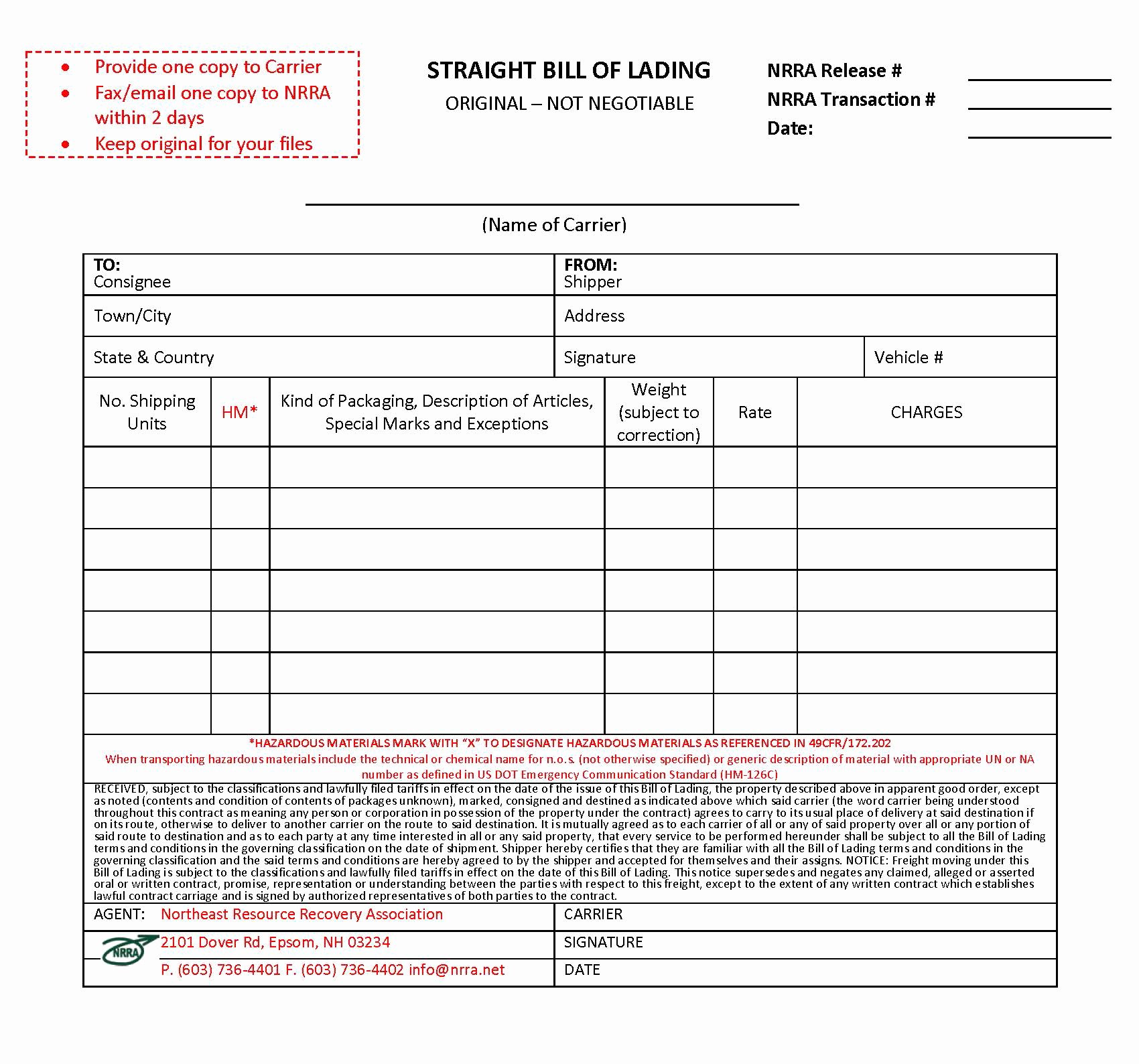 Straight Bill Of Lading Template Awesome Bill Lading Template