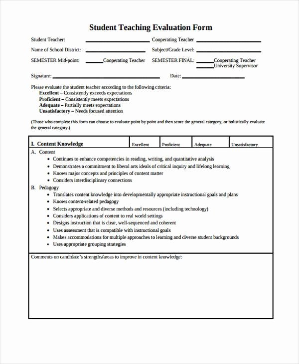 Student Teacher Evaluation form Luxury Free 59 Sample Evaluation forms