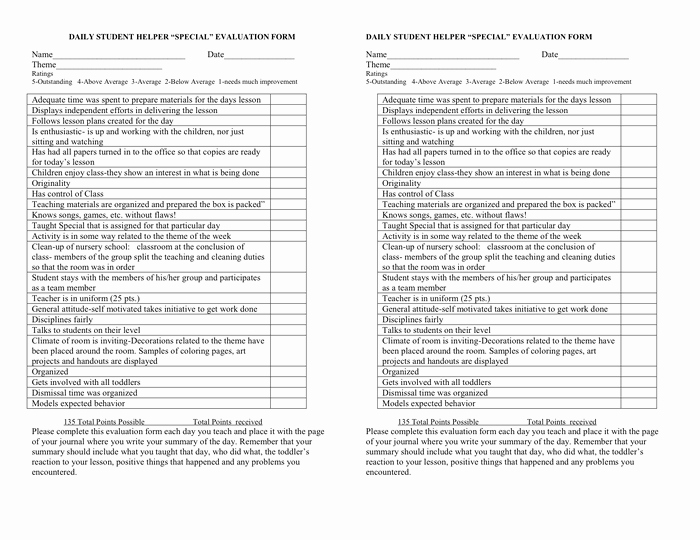 Student Teacher Evaluation form New Daily Student Teacher Evaluation form In Word and Pdf formats