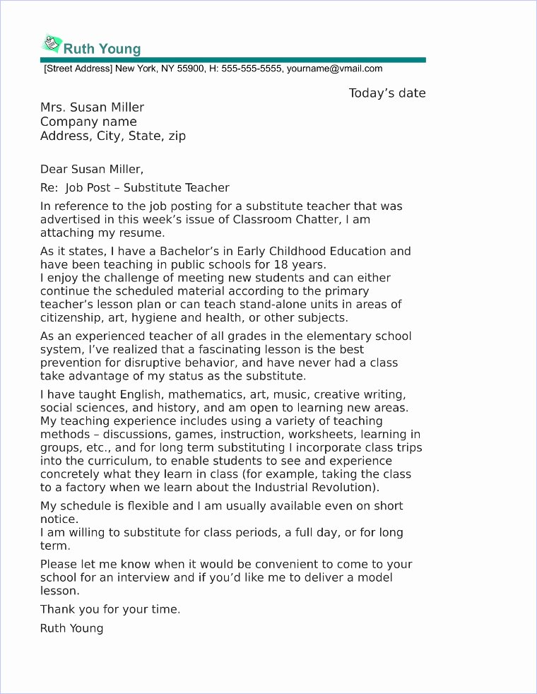 Substitute Teacher Cover Letter Examples Inspirational Substitute Teacher Cover Letter Sample