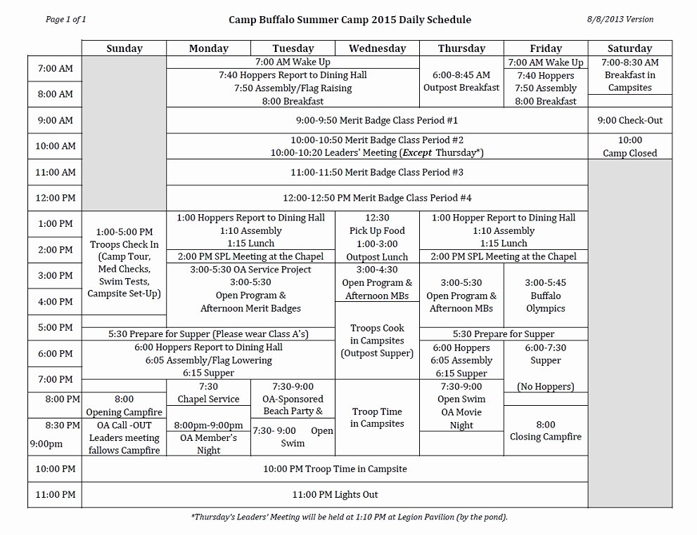 Summer Camp Schedule Templates Beautiful Summer Camp Daily Schedule Camp Buffalo Sagamore Council Bsa