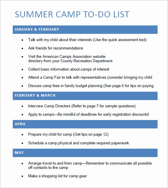 Summer Camp Schedule Templates Best Of to Do List Template – 8 Free Samples Examples format