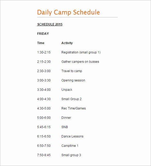 Summer Camp Schedule Templates Fresh 9 Camp Schedule Templates Doc Pdf