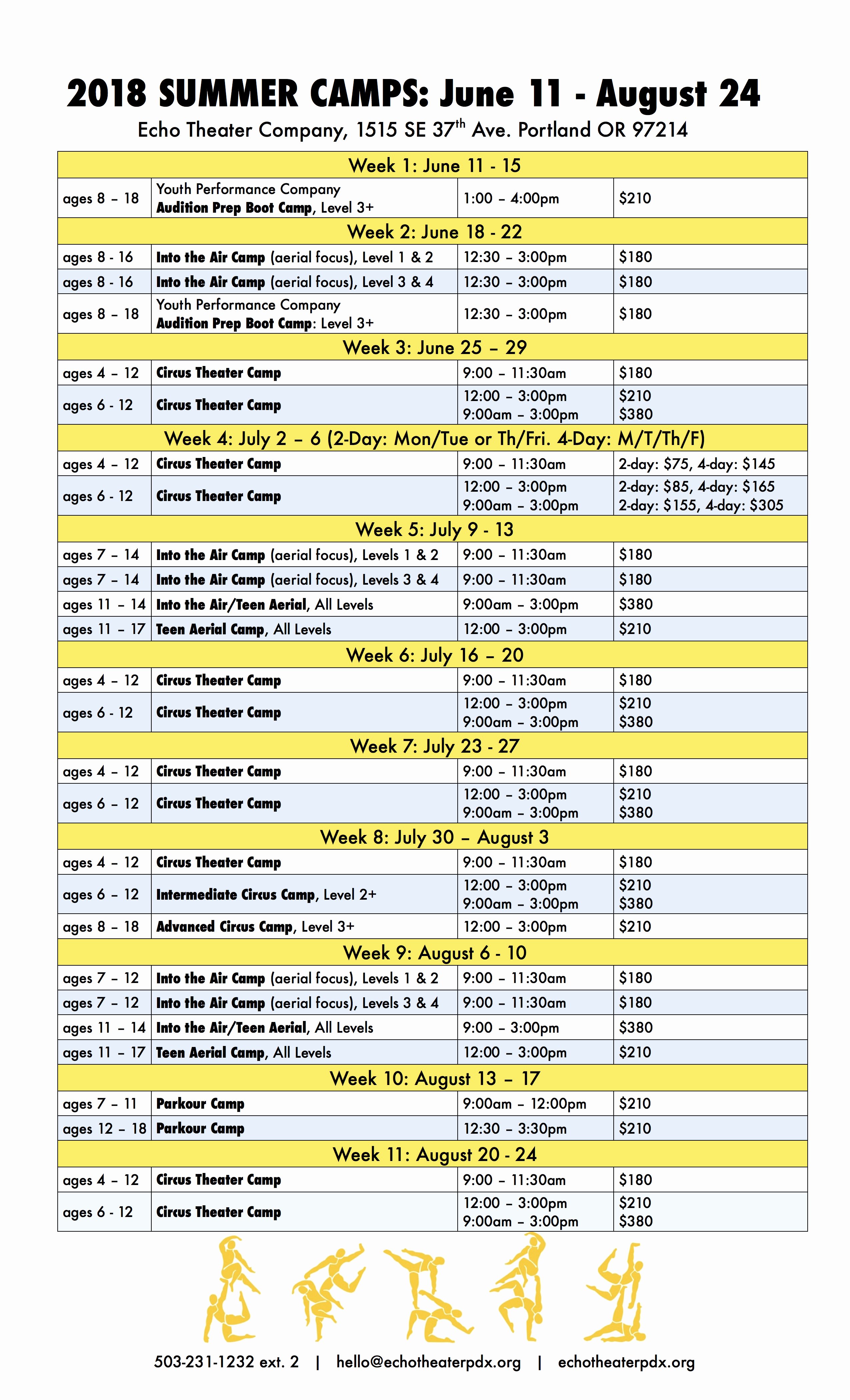 Summer Camp Schedules Template Luxury Summer Camps 2018 – Echo theater Pany