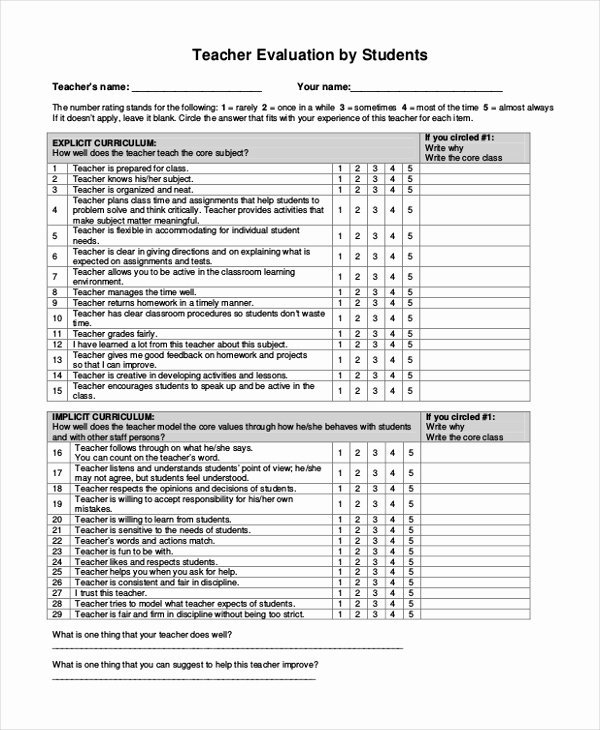 Teacher Performance Evaluation form Elegant Free 10 Sample Teacher Evaluation forms