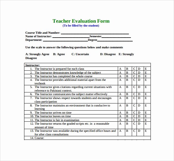 Teacher Performance Evaluation form Elegant Free 6 Sample Teacher Evaluation forms In Example format