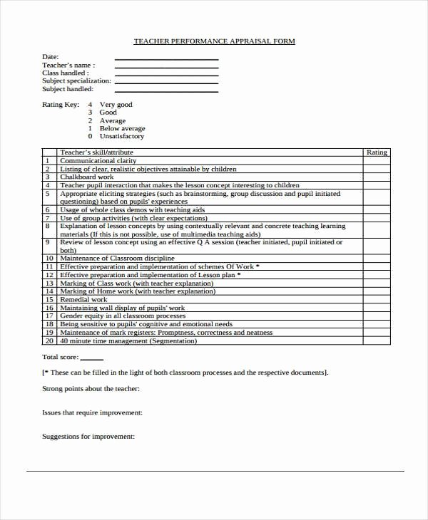 Teacher Performance Evaluation form Unique Free 59 Sample Evaluation forms