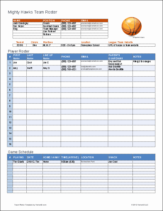 Team Snack Schedule Template Beautiful Basketball Team Roster Template for Excel