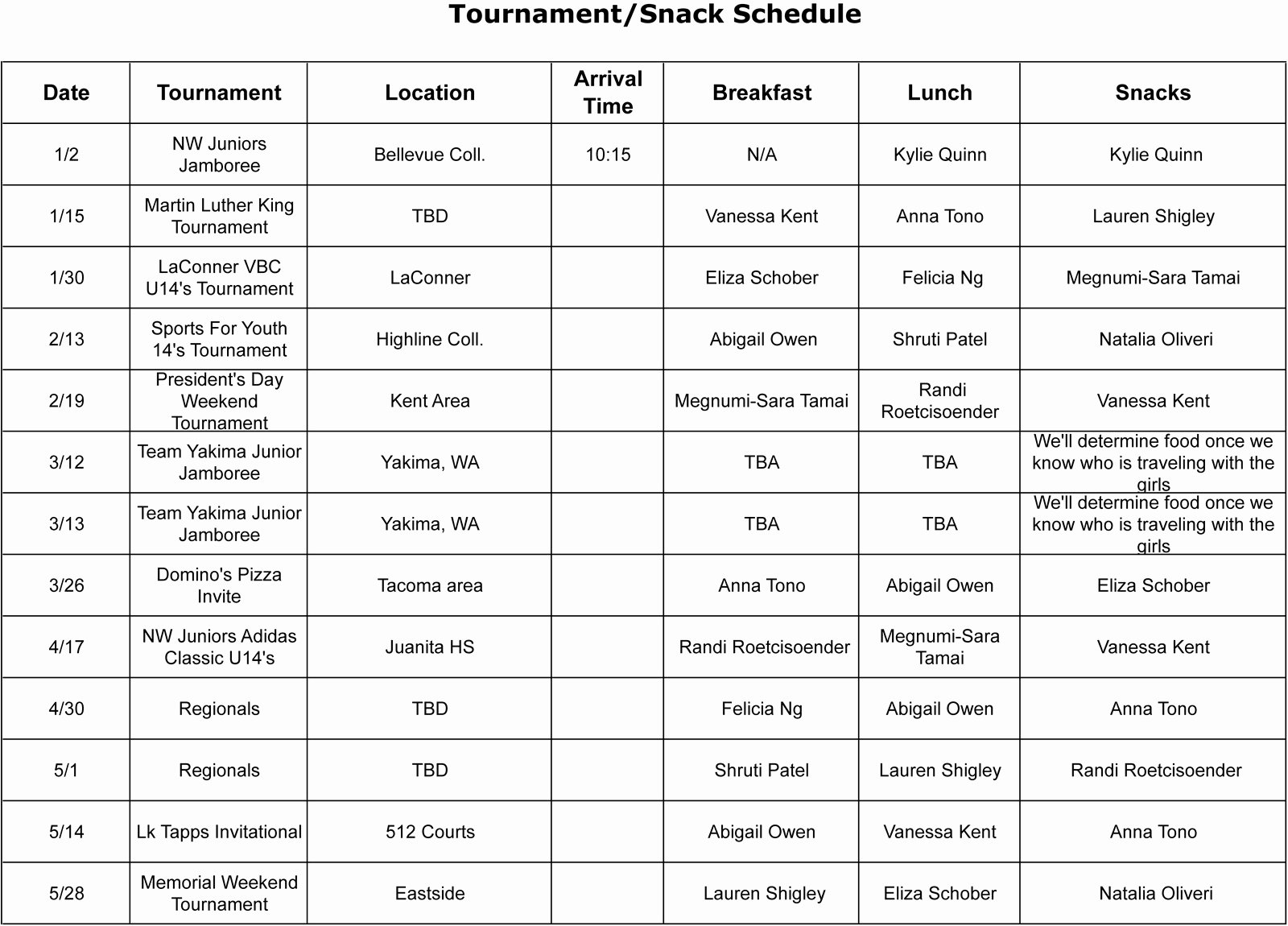Team Snack Schedule Template Fresh Cyclone 14 Club Volleyball Team Snack Schedule