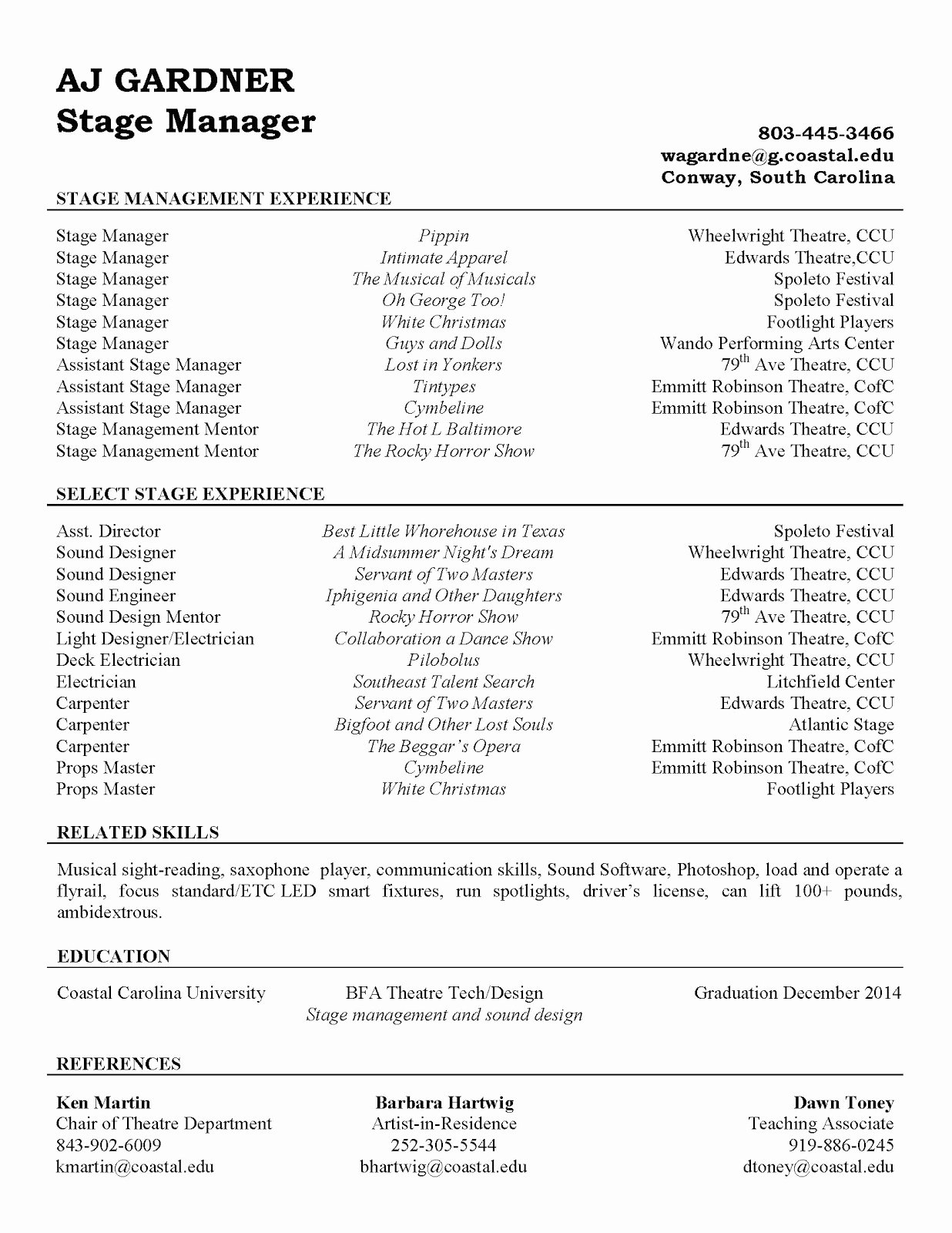 Tech theatre Resume Template Lovely Aj Gardner theatre Technician Stage Manager Resume