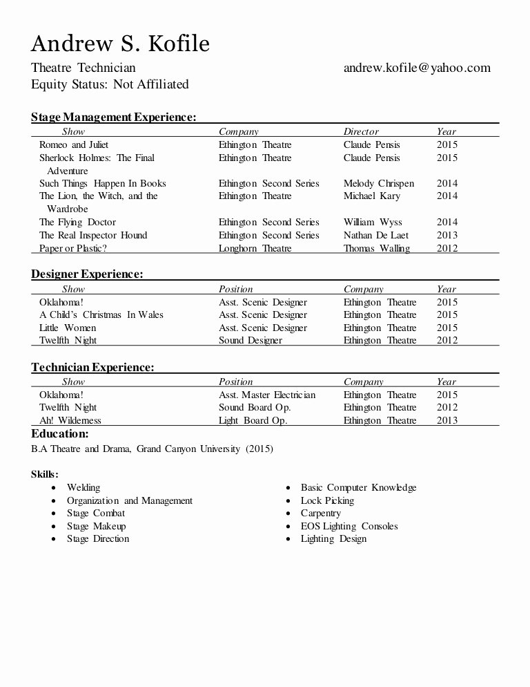 Technical theatre Resume Template Best Of Technical Resume No References
