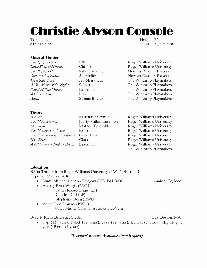 Technical theatre Resume Template Inspirational 11 12 Sample Musical theatre Resume