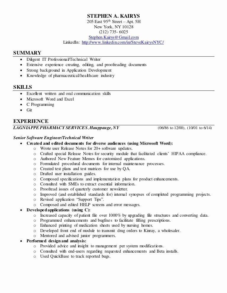 Technical Writer Resume Sample Awesome Stephen Kairys Technical Writer Resume 11 6 15 Hc