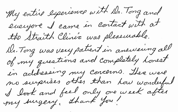 Thank You Letter to Doctor Unique Patient Testimonials for Dr Lawrence tong In toronto Tario