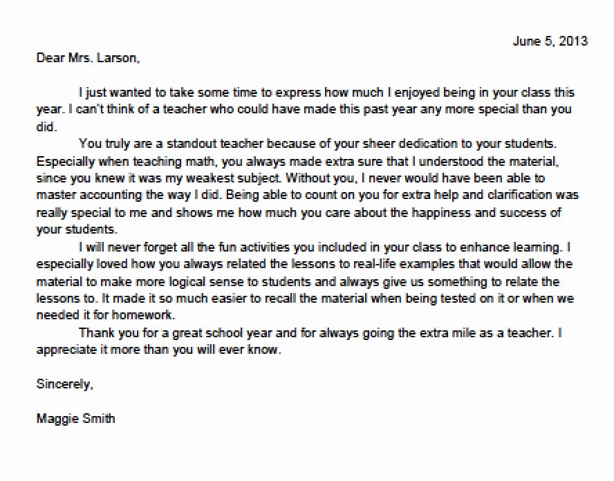 Thank You Letter to Teacher Fresh Thank You Letter for Teacher