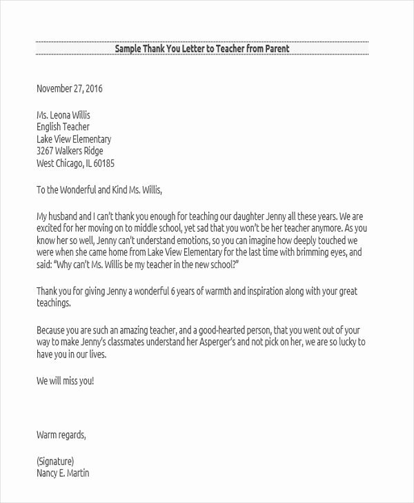 Thank You Letters to Teachers Lovely 13 Sample Teacher Thank You Letters Free Sample Example format Download