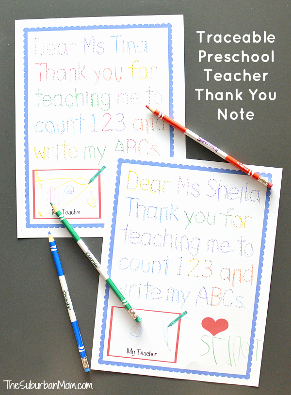 Thank You Note to Teacher Luxury Traceable Preschool Teacher Thank You Note