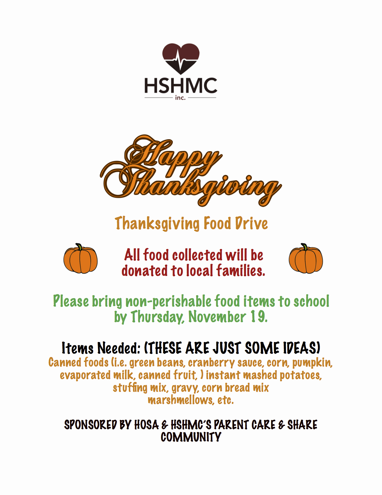 Thanksgiving Food Drive Flyer Awesome News Health Sciences High and Middle College