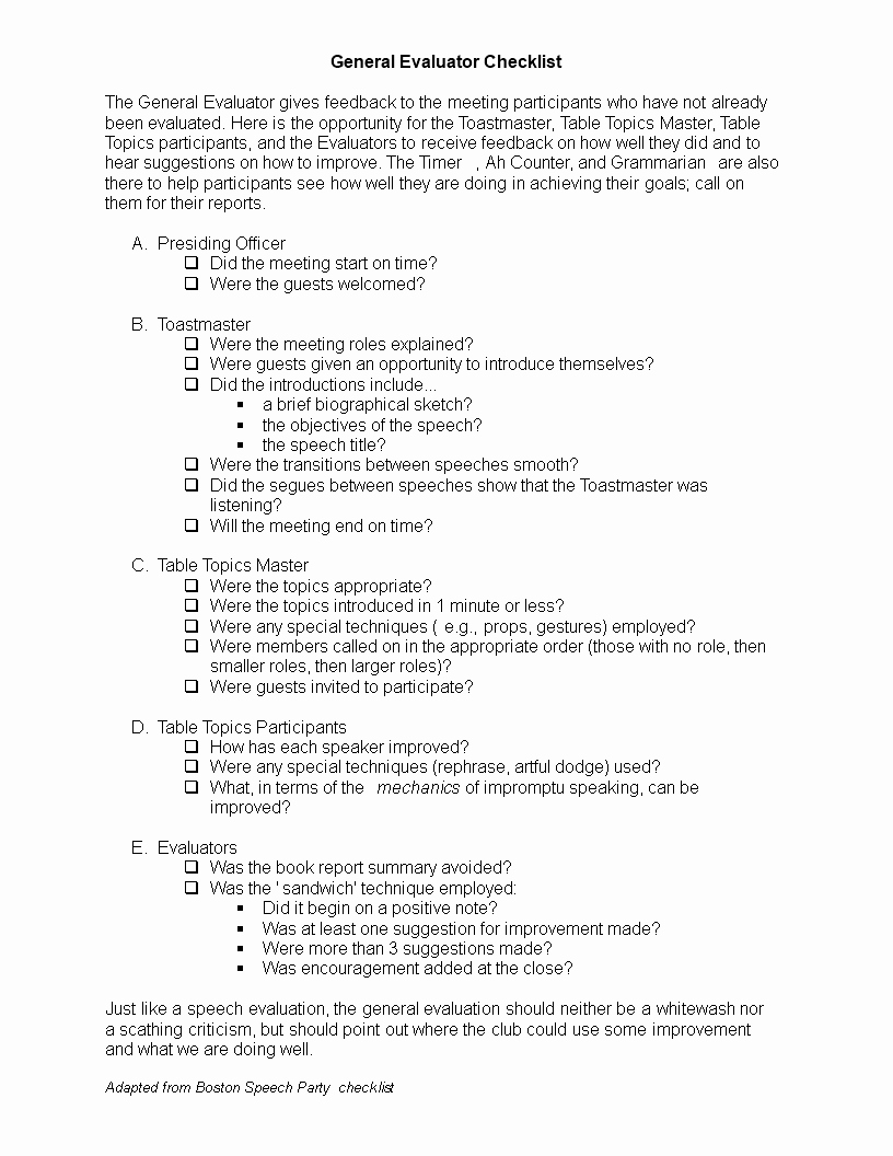 Toastmasters Speech Evaluation form Awesome General toastmasters Evaluator Checklist