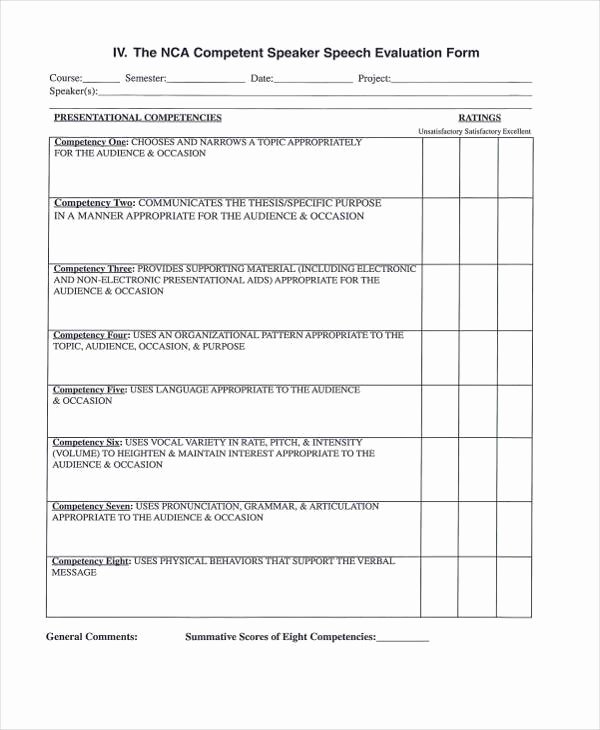 Toastmasters Speech Evaluation form Elegant Free 8 Speech Evaluation form Samples In Sample Example format