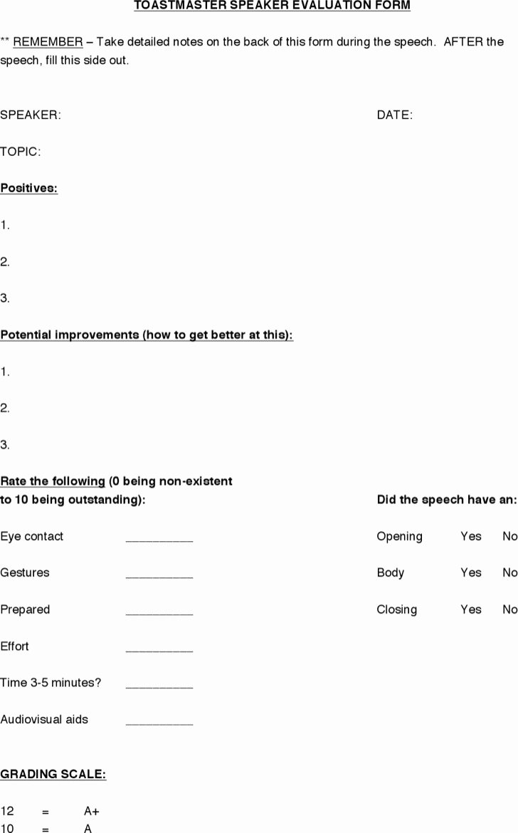 Toastmasters Speech Evaluation form Unique toastmaster Evaluation Template
